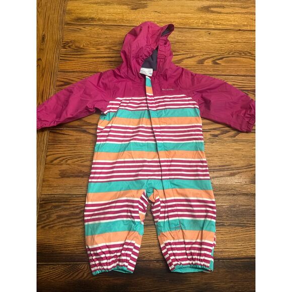 Columbia Fuchsia Striped Fleece Lined Critter Jitters Rainsuit Size 9-12 Months - Picture 1 of 4